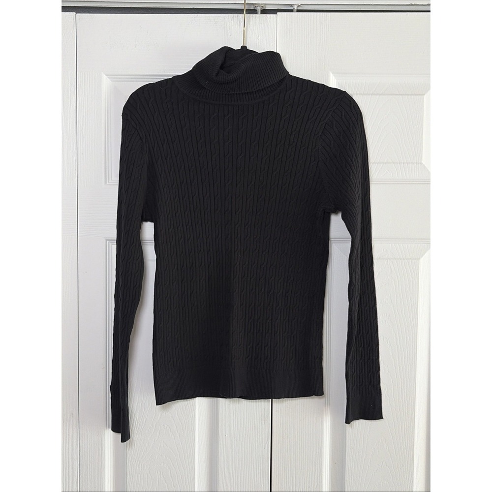 Talbots Pima Cotton Cable Knit Turtleneck Womens Size M Black Sweater New Preppy